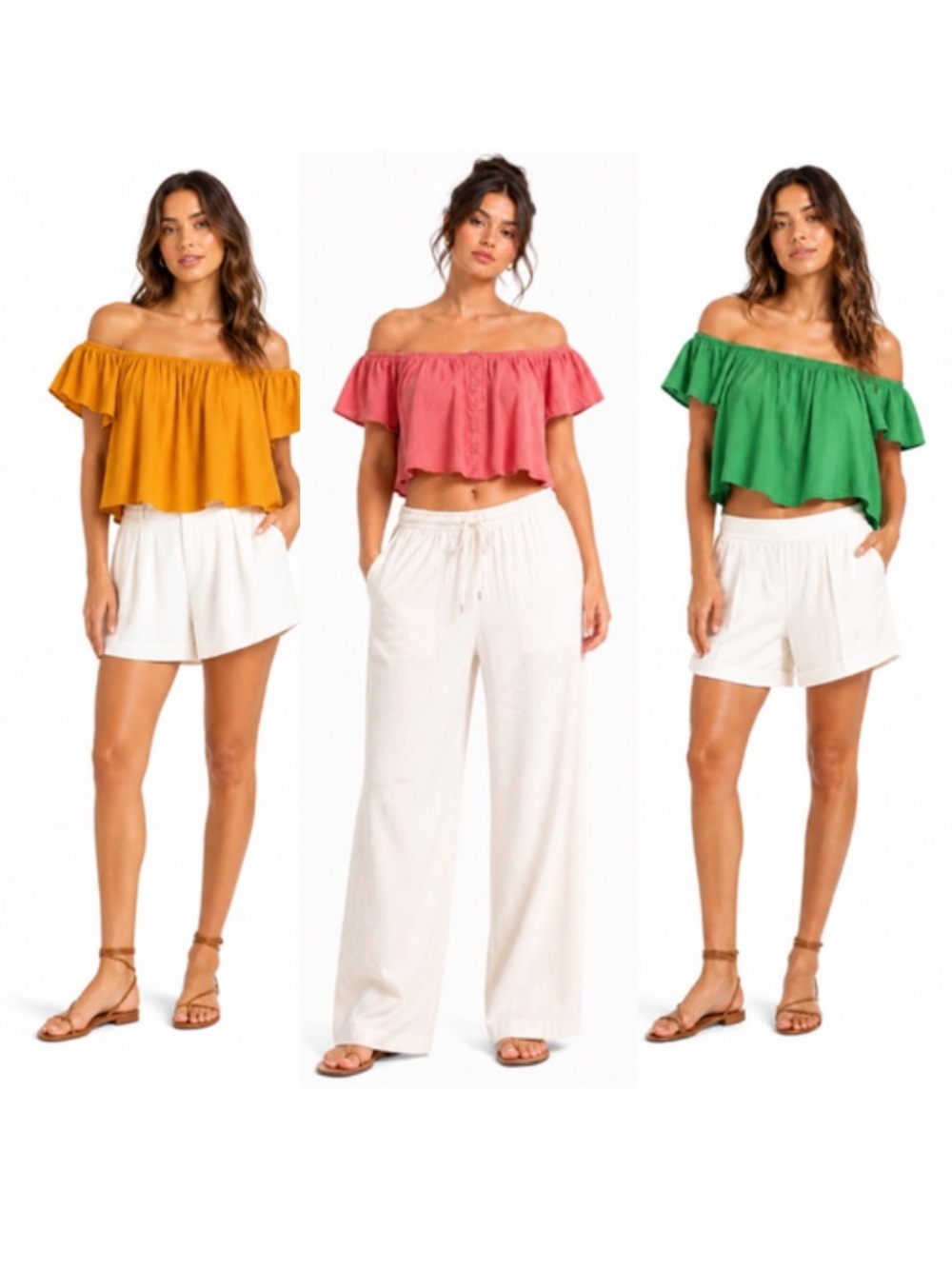 3 Piece Forever21 Bundle Off-Shoulder Ruffle Crop Top - Yellow Pink & Green – SM